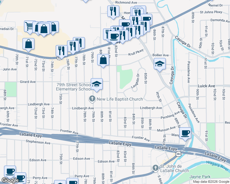 map of restaurants, bars, coffee shops, grocery stores, and more near 554 82nd Street in Niagara Falls