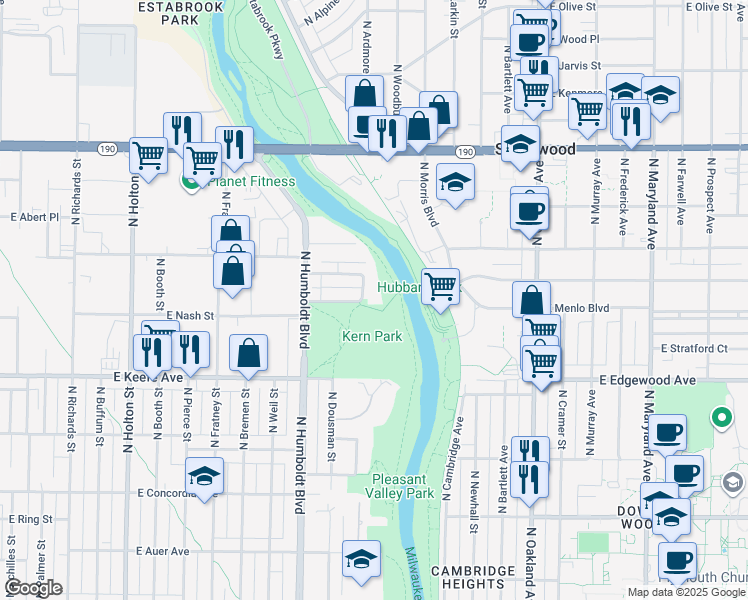 map of restaurants, bars, coffee shops, grocery stores, and more near 1160 East Singer Circle in Milwaukee