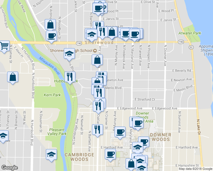 map of restaurants, bars, coffee shops, grocery stores, and more near 1824 East Menlo Boulevard in Shorewood