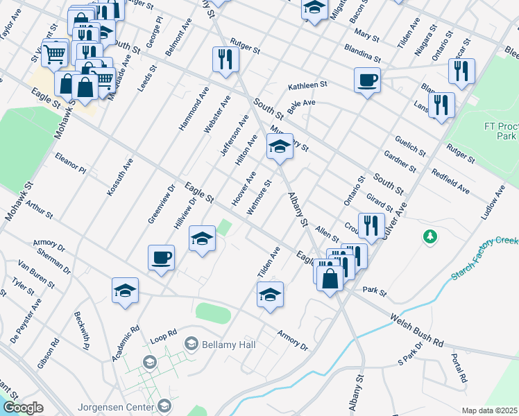 map of restaurants, bars, coffee shops, grocery stores, and more near 1143 Wetmore Street in Utica