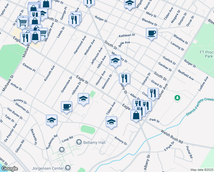 map of restaurants, bars, coffee shops, grocery stores, and more near 1143 Wetmore Street in Utica