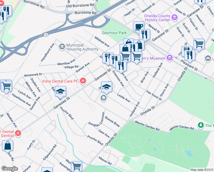 map of restaurants, bars, coffee shops, grocery stores, and more near 2107 Ottillia Street in Utica
