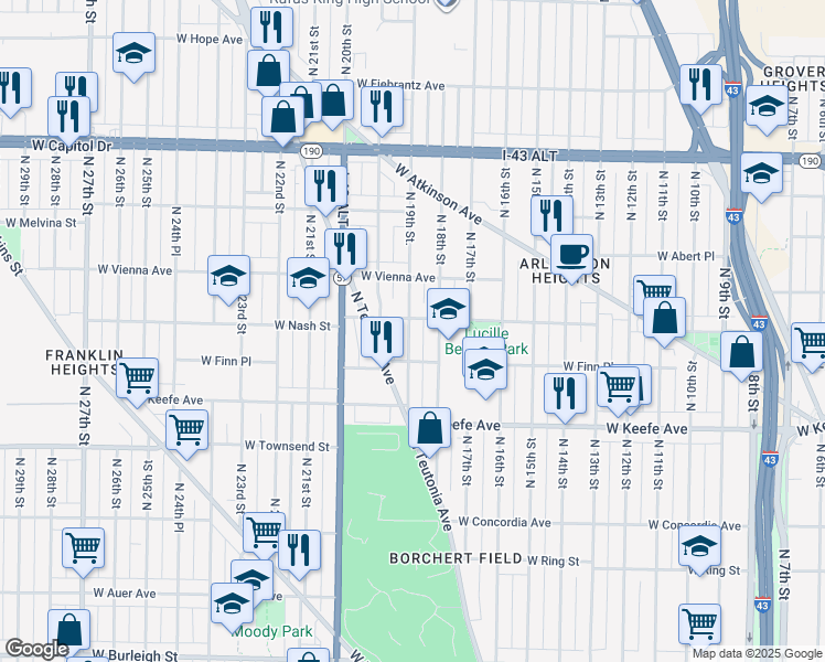 map of restaurants, bars, coffee shops, grocery stores, and more near 3636 North 19th Street in Milwaukee