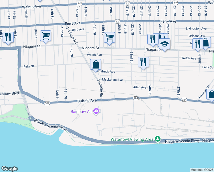 map of restaurants, bars, coffee shops, grocery stores, and more near 139 18th Street in Niagara Falls