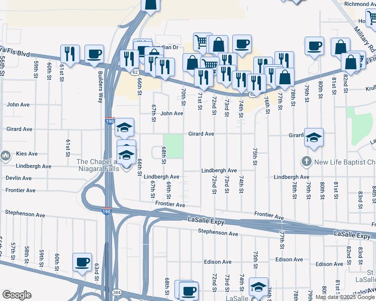 map of restaurants, bars, coffee shops, grocery stores, and more near 545 70th St in Niagara Falls