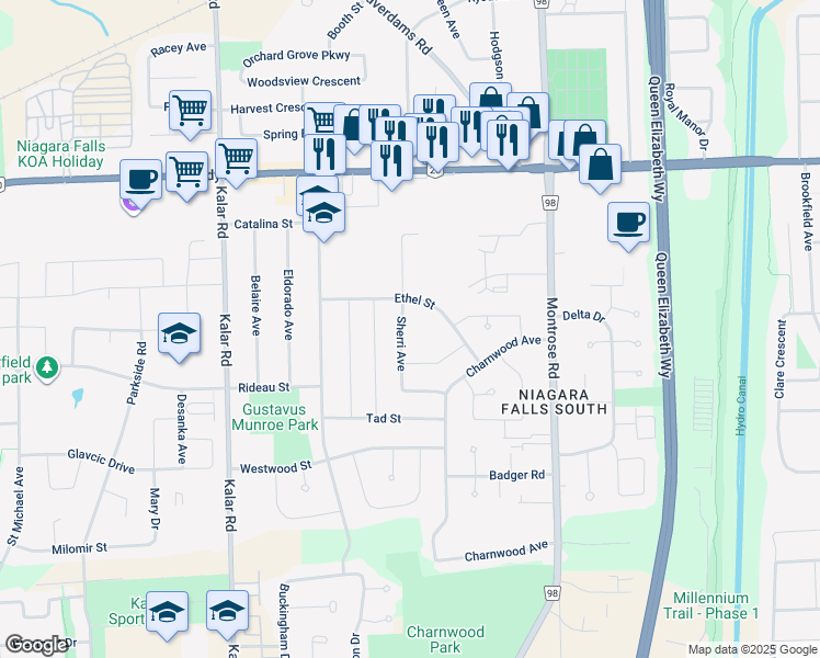 map of restaurants, bars, coffee shops, grocery stores, and more near 6210 Sherri Avenue in Niagara Falls