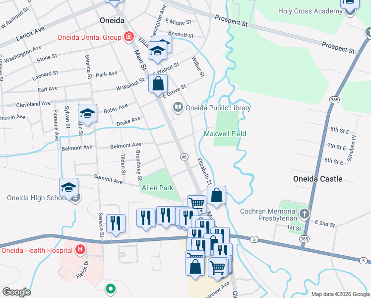 map of restaurants, bars, coffee shops, grocery stores, and more near 511 Main Street in Oneida