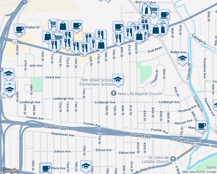 map of restaurants, bars, coffee shops, grocery stores, and more near 557 78th Street in Niagara Falls