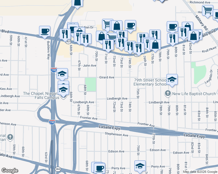 map of restaurants, bars, coffee shops, grocery stores, and more near 543 71st St in Niagara Falls