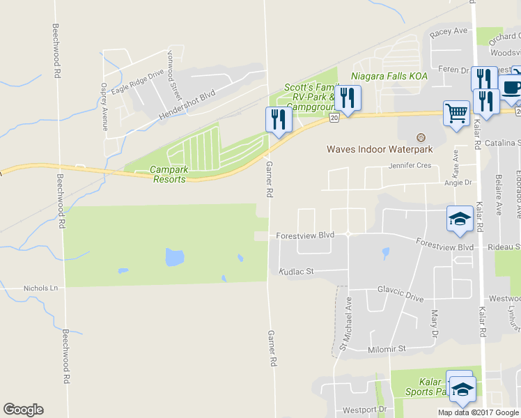map of restaurants, bars, coffee shops, grocery stores, and more near 6149 Garner Road in Niagara Falls