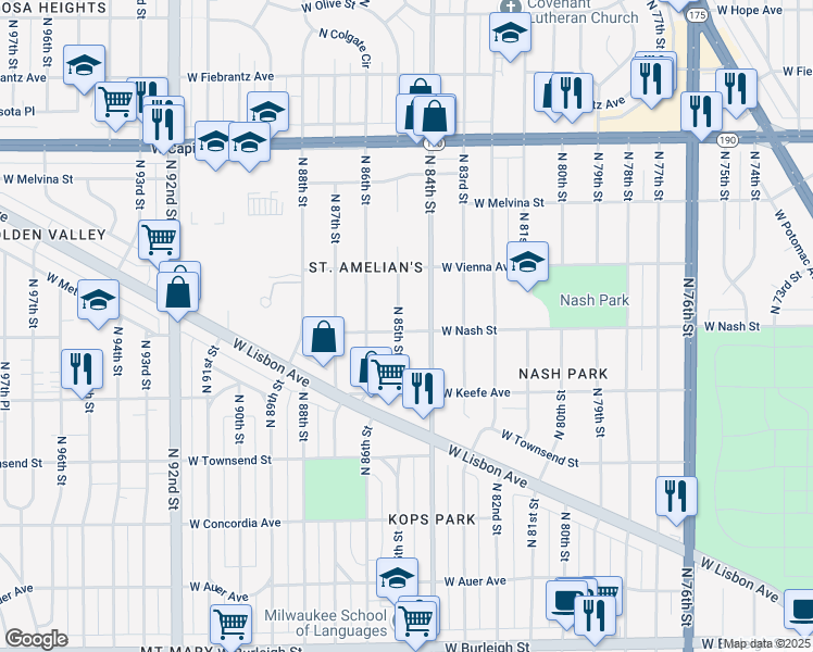 map of restaurants, bars, coffee shops, grocery stores, and more near 8430 West Nash Street in Milwaukee