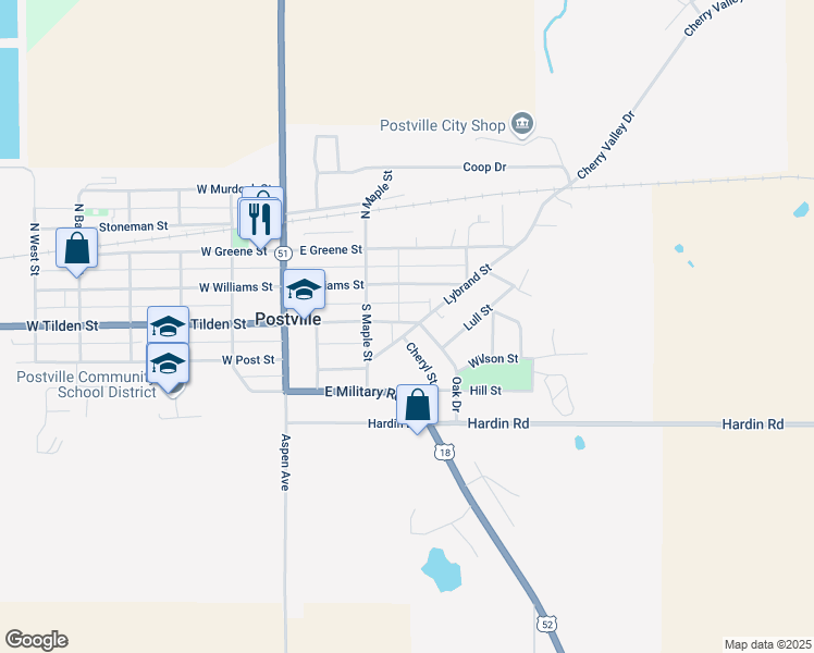 map of restaurants, bars, coffee shops, grocery stores, and more near 212 Oak Drive in Postville
