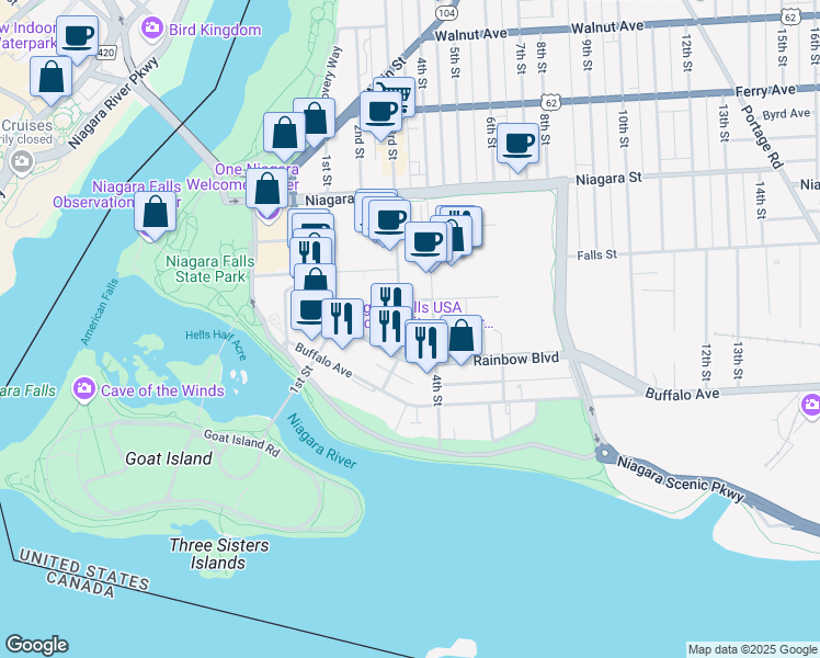 map of restaurants, bars, coffee shops, grocery stores, and more near 231 3rd Street in Niagara Falls