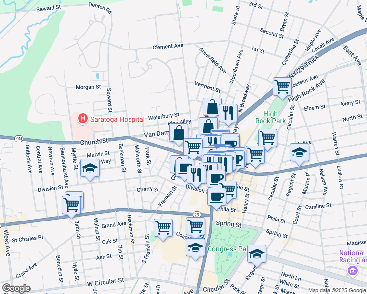 map of restaurants, bars, coffee shops, grocery stores, and more near 65 Clinton Street in Saratoga Springs