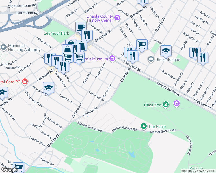 map of restaurants, bars, coffee shops, grocery stores, and more near 40 Parkside Court in Utica