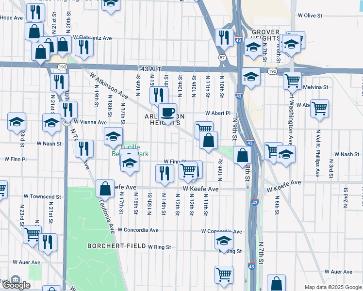 map of restaurants, bars, coffee shops, grocery stores, and more near 3646 North 13th Street in Milwaukee