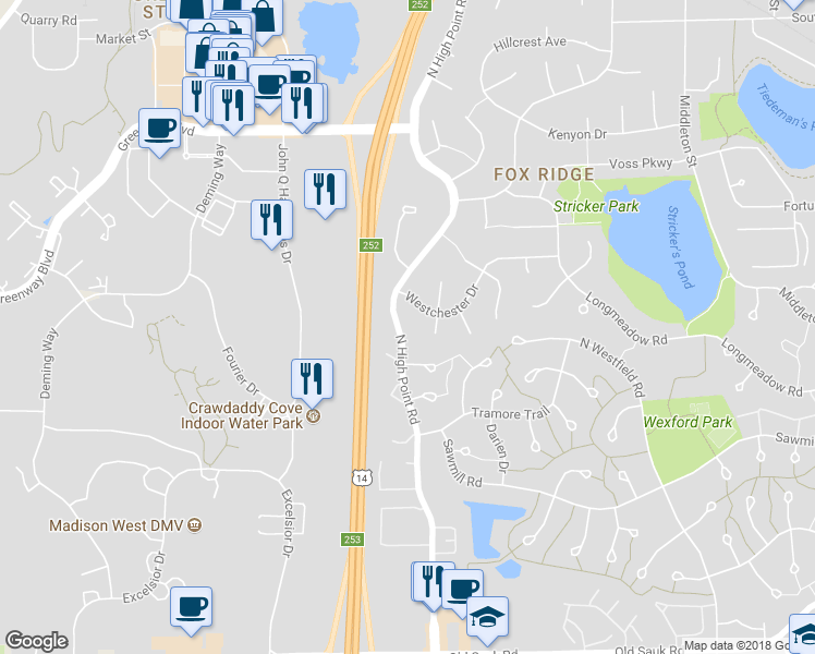 map of restaurants, bars, coffee shops, grocery stores, and more near 1209 North High Point Road in Middleton