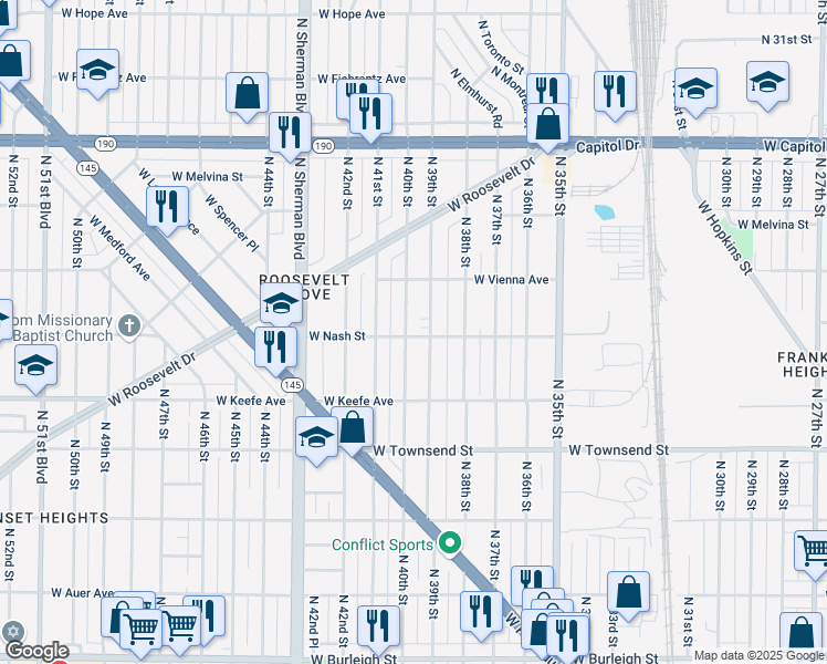 map of restaurants, bars, coffee shops, grocery stores, and more near 3702 North 40th Street in Milwaukee