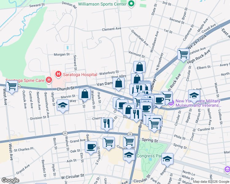 map of restaurants, bars, coffee shops, grocery stores, and more near 25 Lawrence Street in Saratoga Springs