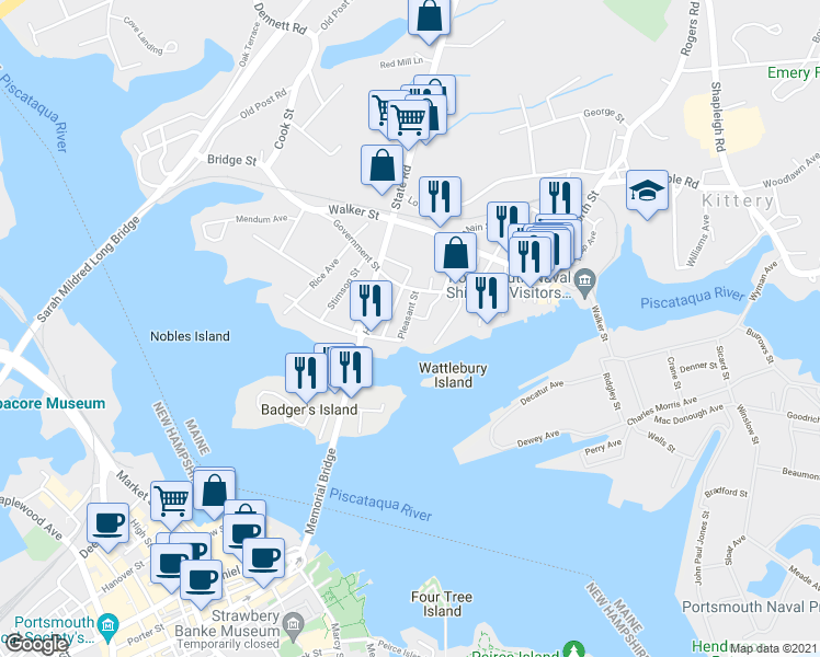 map of restaurants, bars, coffee shops, grocery stores, and more near 11 Pleasant Street in Kittery