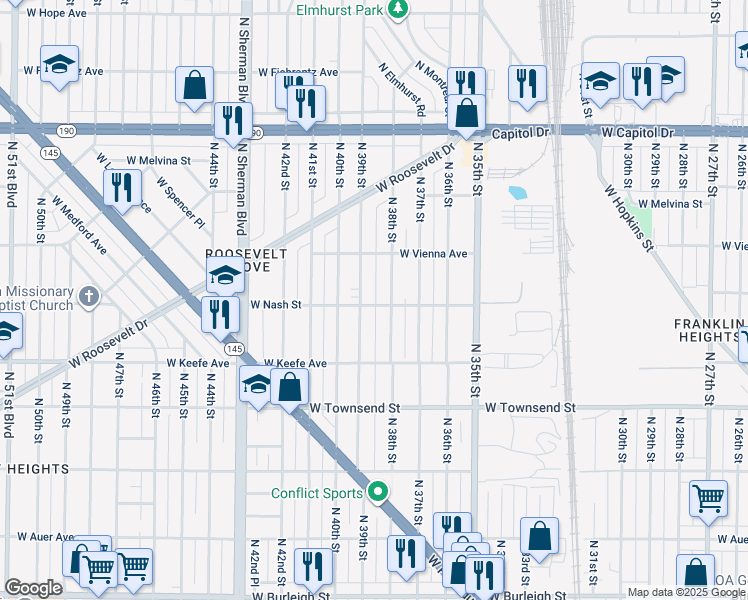 map of restaurants, bars, coffee shops, grocery stores, and more near 3832 West Nash Street in Milwaukee