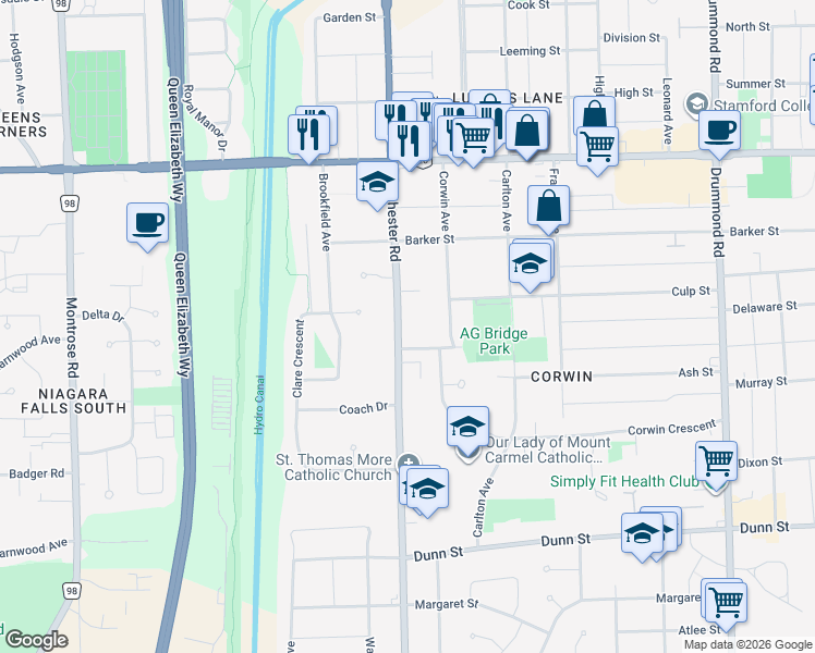 map of restaurants, bars, coffee shops, grocery stores, and more near 6218 Dorchester Road in Niagara Falls