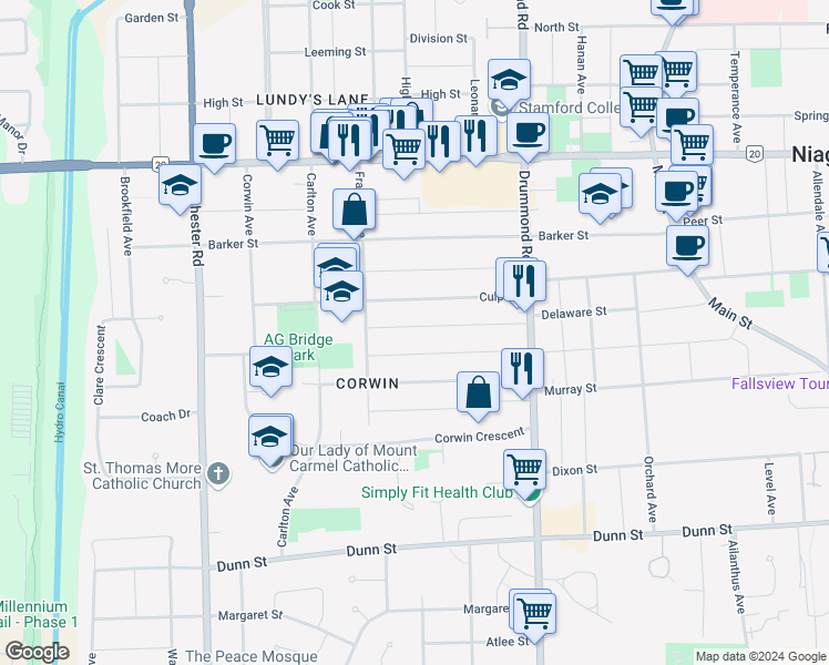 map of restaurants, bars, coffee shops, grocery stores, and more near 6454 Taylor Street in Niagara Falls