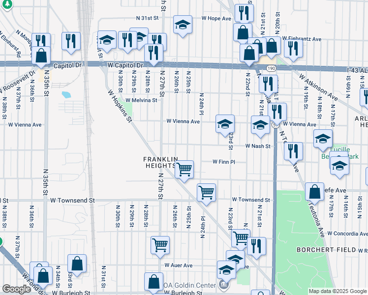 map of restaurants, bars, coffee shops, grocery stores, and more near 3639 North 25th Street in Milwaukee