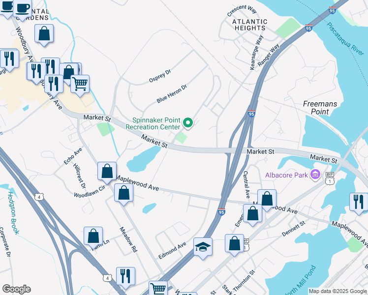 map of restaurants, bars, coffee shops, grocery stores, and more near 1001 Market Street in Portsmouth