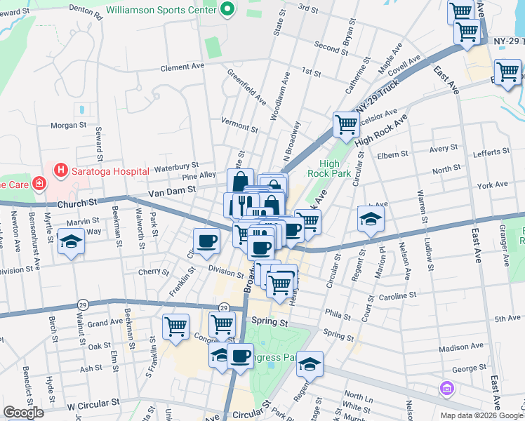 map of restaurants, bars, coffee shops, grocery stores, and more near 509 Broadway in Saratoga Springs