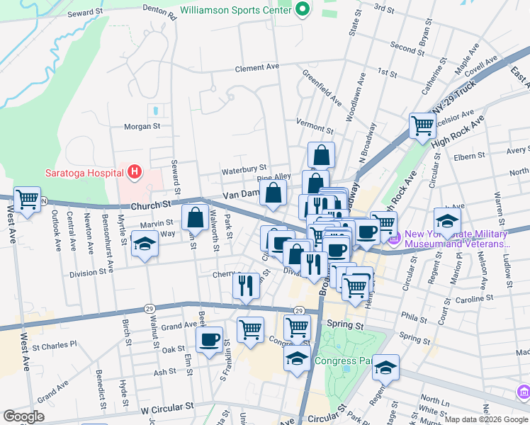 map of restaurants, bars, coffee shops, grocery stores, and more near 25 Lawrence Street in Saratoga Springs