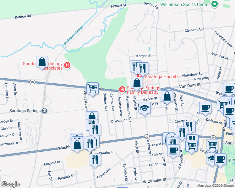 map of restaurants, bars, coffee shops, grocery stores, and more near 288 Church Street in Saratoga Springs