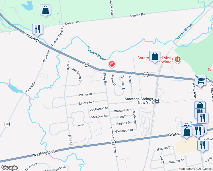 map of restaurants, bars, coffee shops, grocery stores, and more near 14 Kirby Road in Saratoga Springs