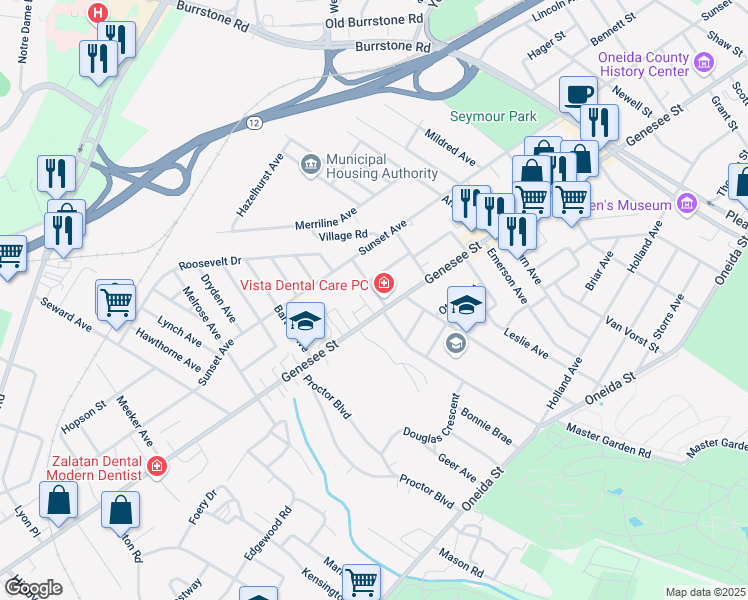 map of restaurants, bars, coffee shops, grocery stores, and more near 2202 Genesee Street in Utica
