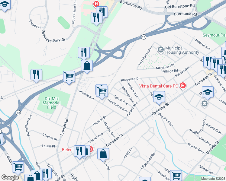 map of restaurants, bars, coffee shops, grocery stores, and more near 211 Roosevelt Dr in Utica