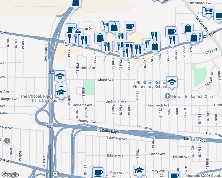 map of restaurants, bars, coffee shops, grocery stores, and more near 543 71st Street in Niagara Falls