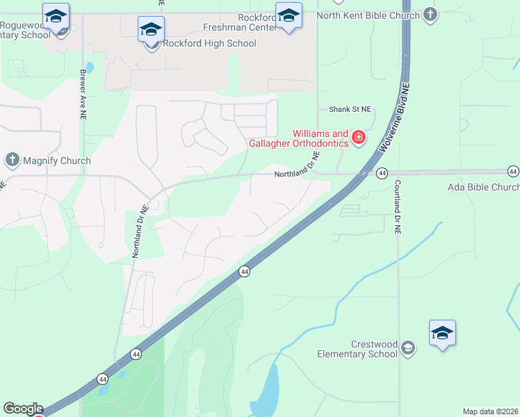map of restaurants, bars, coffee shops, grocery stores, and more near 4433 Hillrise Court Northeast in Rockford