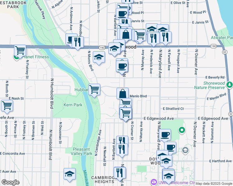 map of restaurants, bars, coffee shops, grocery stores, and more near 3601 North Oakland Avenue in Shorewood