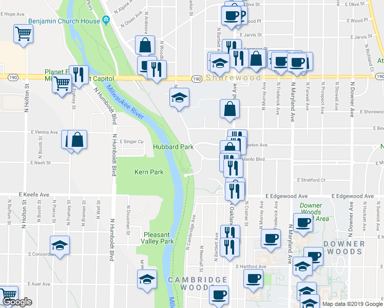 map of restaurants, bars, coffee shops, grocery stores, and more near 3621 North Morris Boulevard in Shorewood