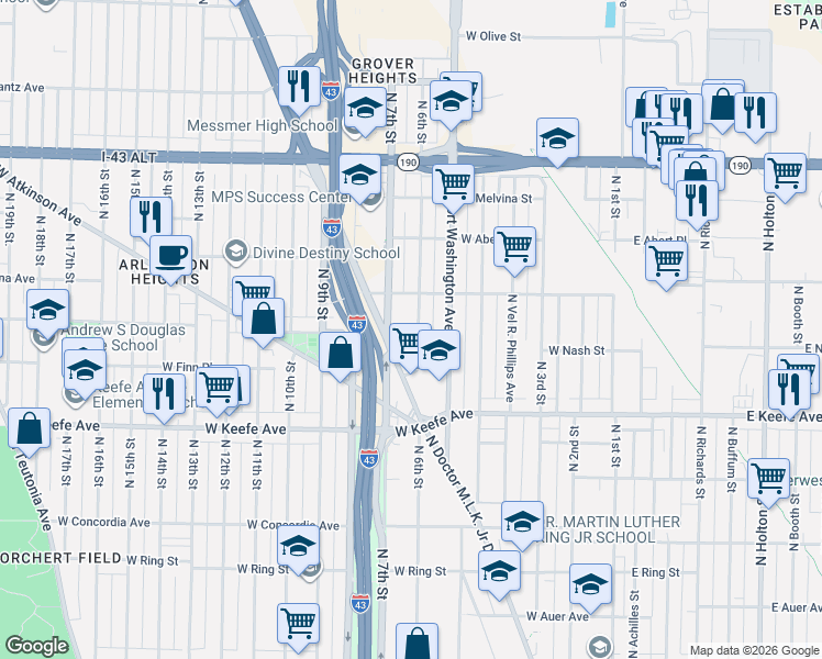 map of restaurants, bars, coffee shops, grocery stores, and more near 3719 North 6th Street in Milwaukee