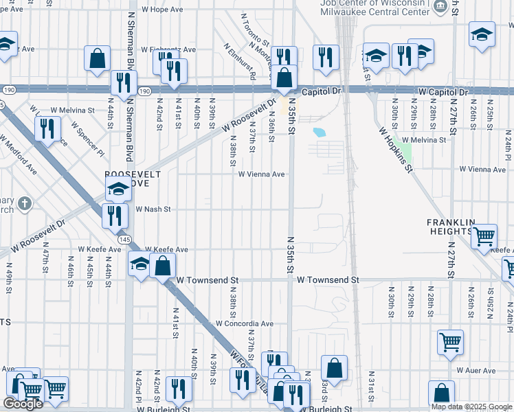 map of restaurants, bars, coffee shops, grocery stores, and more near 3701 North 37th Street in Milwaukee