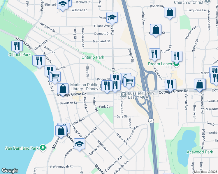 map of restaurants, bars, coffee shops, grocery stores, and more near 523 Grand Oak Trail in Madison