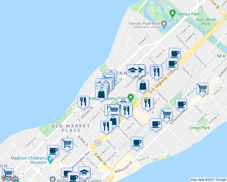 map of restaurants, bars, coffee shops, grocery stores, and more near 901 East Johnson Street in Madison
