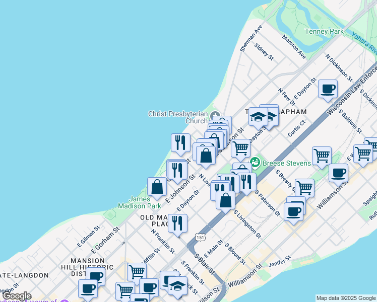 map of restaurants, bars, coffee shops, grocery stores, and more near 810 East Gorham Street in Madison