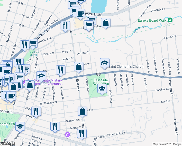map of restaurants, bars, coffee shops, grocery stores, and more near 217 Lake Avenue in Saratoga Springs