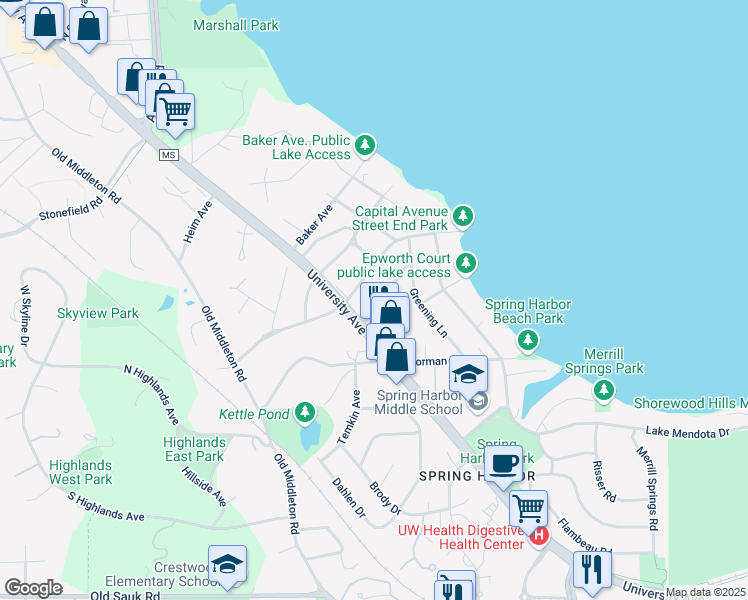 map of restaurants, bars, coffee shops, grocery stores, and more near 1714 Camus Lane in Madison