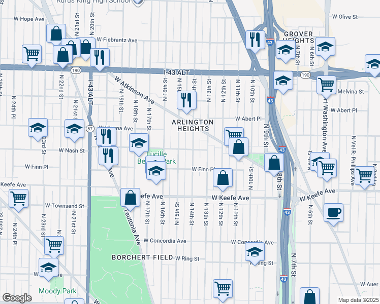 map of restaurants, bars, coffee shops, grocery stores, and more near 1403 West Nash Street in Milwaukee
