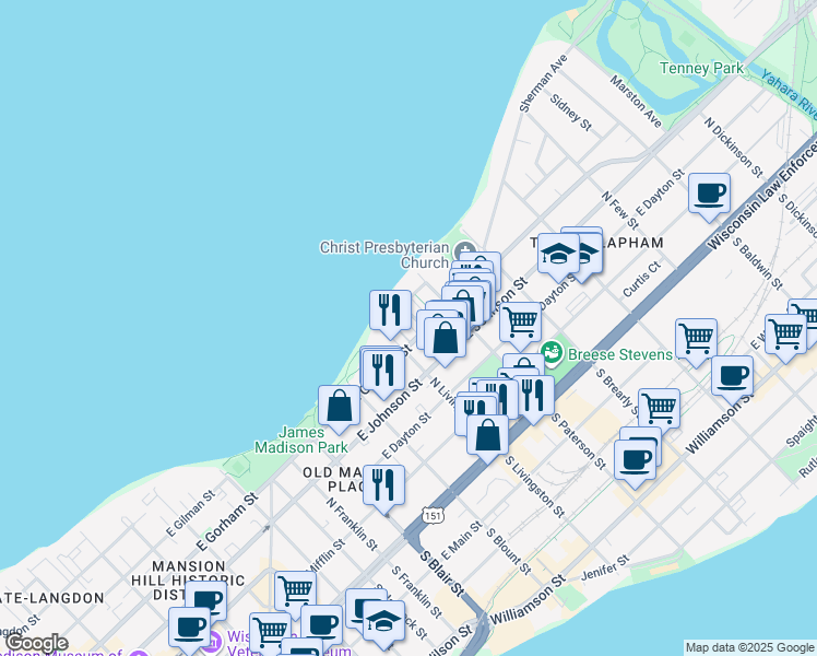 map of restaurants, bars, coffee shops, grocery stores, and more near 816 East Gorham Street in Madison