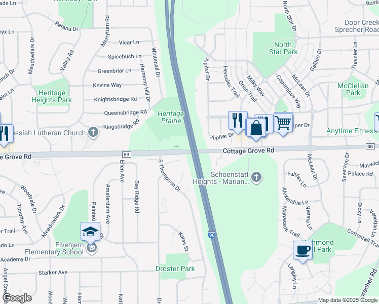 map of restaurants, bars, coffee shops, grocery stores, and more near 5701 Cottage Grove Road in Madison