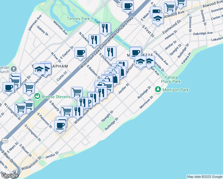 map of restaurants, bars, coffee shops, grocery stores, and more near 1301 Williamson Street in Madison